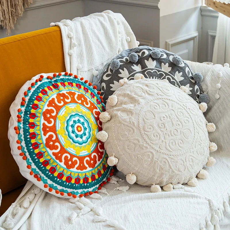 Moroccan style home throw pillow case with circular embroidery cotton canvas round cushion covers