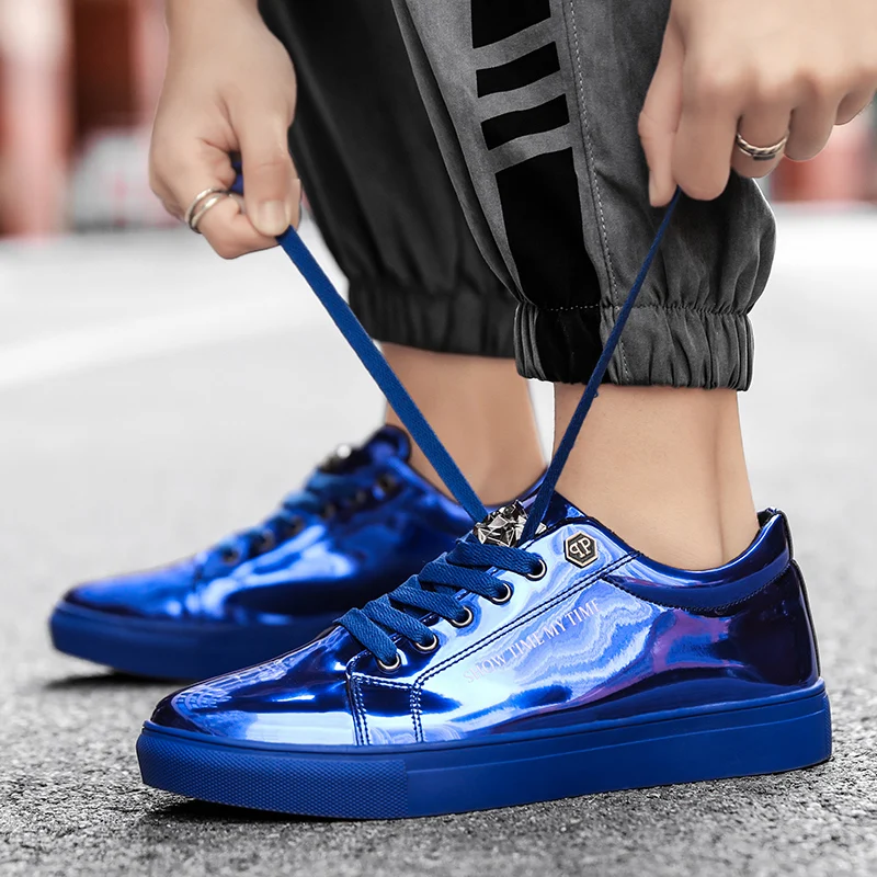 Hot Sale Casual Men's Shoes Blue Mirror Glitter Sneakers Men Flat Streetwear Hip Hop Men Luxury Designer Shoes chaussure homme