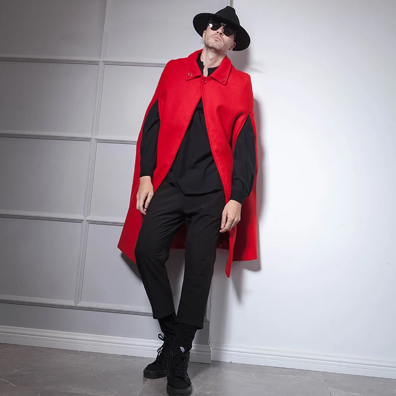 Big red mid-length shawl cape cape European and American male nightclub hip-hop bar host DS woolen coat