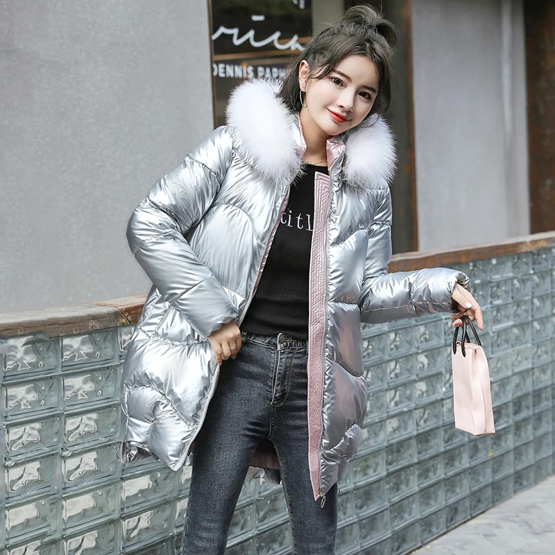 Women\'s Long Parkas Solid Hooded with Fur Plus Size Fluffy Ladies Shinny Casual Winter Jacket Zipper Puffer Coat for Female