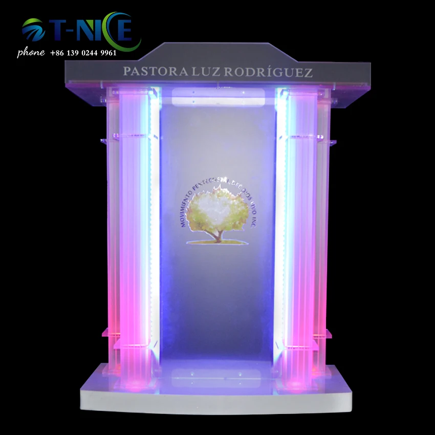 Standing Lectern Podium With Led Light Custom Logo Clear Thick Acrylic Podium Exquisite Church Pulpit Large Desktop Platform