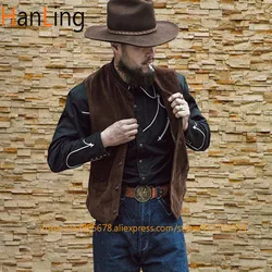 Colete de veludo masculino western denim marrom decote em v steampunk colete