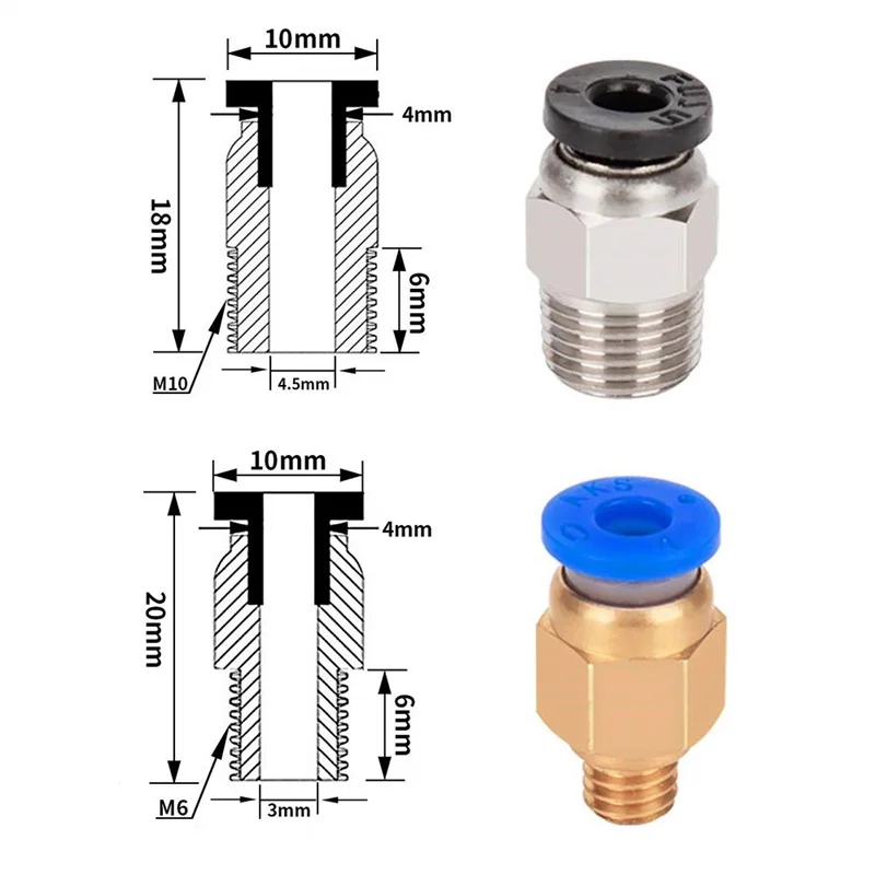 Spinta adatta pneumatica di 20 pz/lotto PC4-M6 per collegare + PC4-M10 diritto rapido nel montaggio per l'estrusore di Bowden della stampante 3D