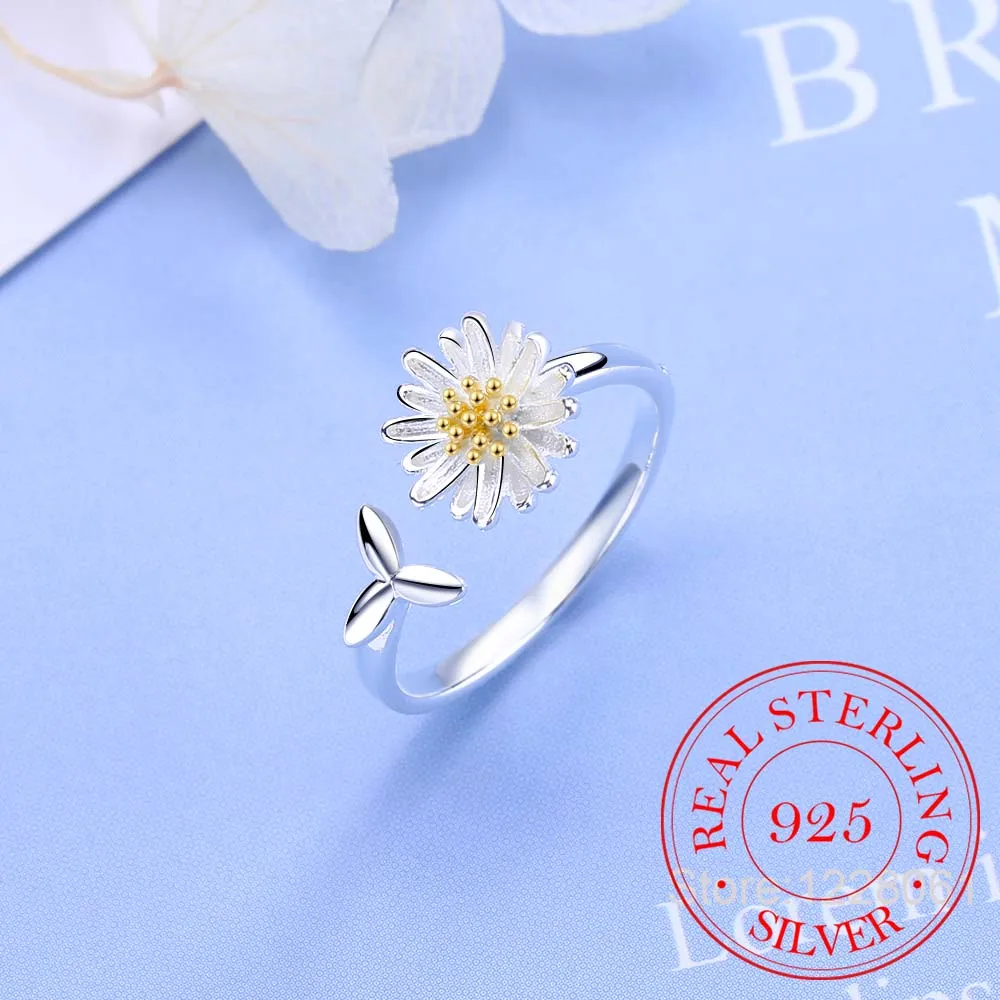 

100% 925 Sterling Silver Fashion Daisy Flower Leafs Opening Finger Rings For Women Wedding Party S925 Ring Jewelry DS797