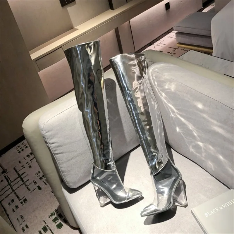 MStacchi Women Winter Transparent Over The Knee Boots Woman Pointed Toe 12CM Crystal High Heel Pump Fashion Silver Ladies Boots