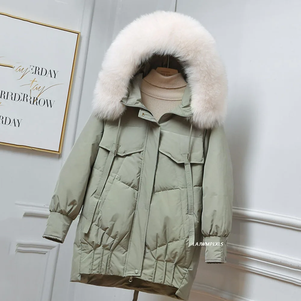 2022 New Winter White Duck Down Coat Large Real Fur Hooded Down Jacket Mid-length Loose Thick Warm Women Snow Outwear