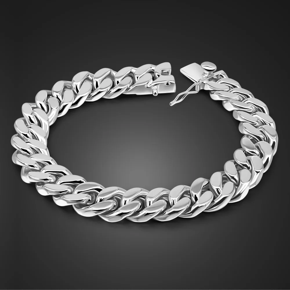 

Original Genuine 100% 925 Sterling Silver Bracelets Men 13.5MM Curb Cuban Chain 7.5-10 inch Solid Silver Punk Fine Jewelry Gift