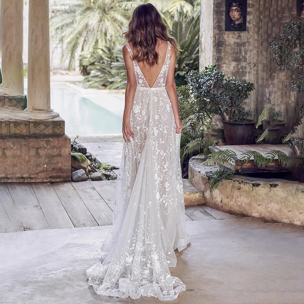 Abito da sposa con scollo A V ricamato floreale principessa Appliques 3D su misura 2022 maniche drappeggiate in Tulle abiti da sposa romantici A Line