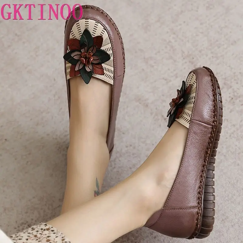 

GKTINOO 2024 Soft Genuine Leather Flat Shoes Slip On Women Flats with Flowers Ladies Shoes Women Designers Loafers