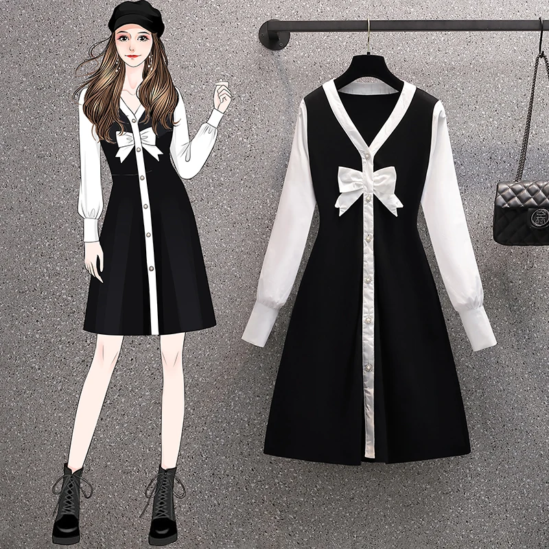 

EHQAXIN 2021 Fall Winter Womens Knit Dresses Fashion Sweet V-Neck Bowknot Buttoned Shirt Stitching Cardigan A-Line Dress L-4XL