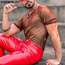 INCERUN 2023 American Style CasuaI T-Shirts Streetwear See-through Two-tone Flash Party Nightclub Shiny Short-sleeved Tops S-5XL