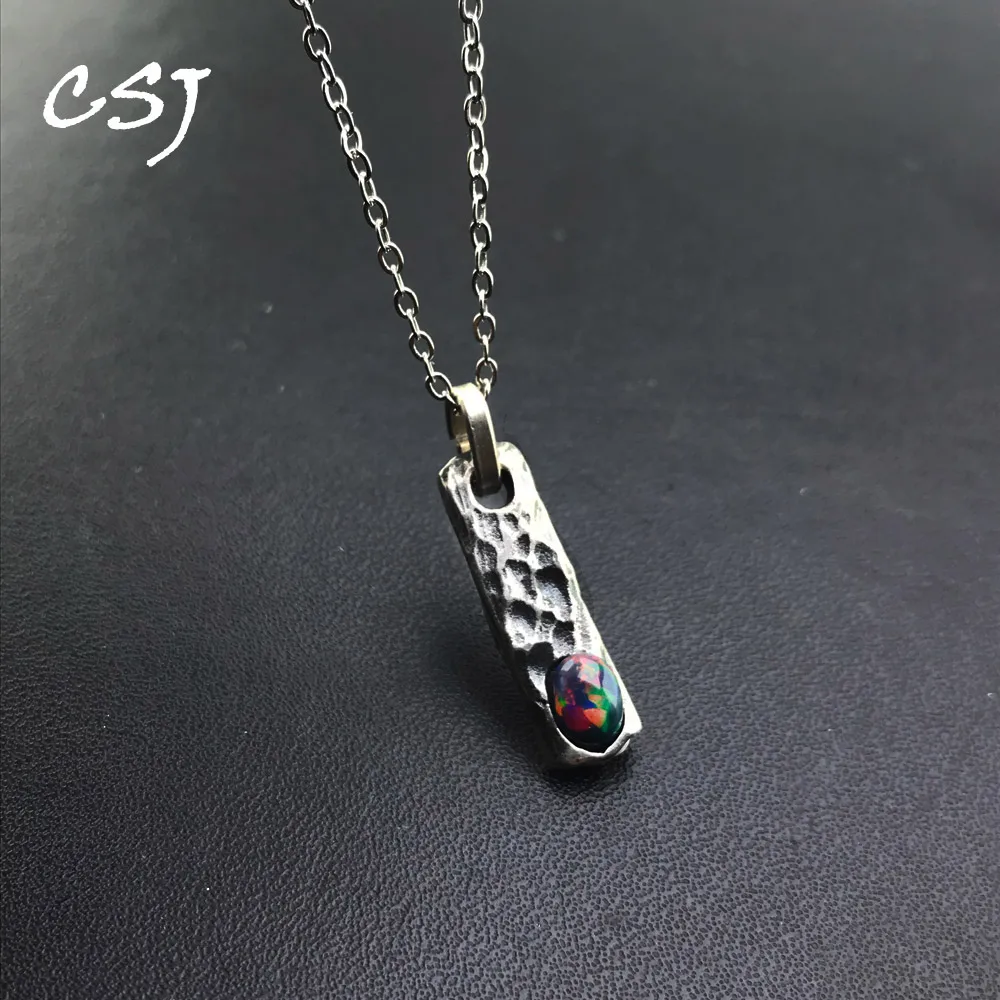 

CSJ Vintage Real Natural Black Opal Pendants Sterling 925 Silver for Women Man Necklace Wedding Engagement Gift Fine Jewelry