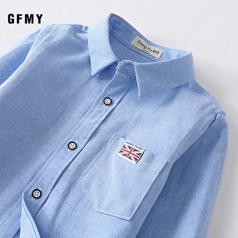 Gfmy 2020 Nieuwe Lente Herfst Oxford Textiel Volledige Mouw Effen Kleur Blauw Jongens Wit Shirt 3T-14T kid Casual School Kleding 801