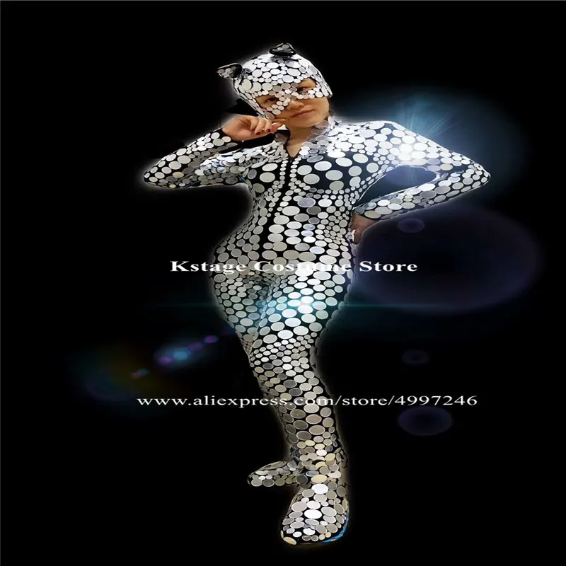 BV13 Singer stage perform bodysuit silver mirror jumpsuit mirror glass dance costumes club show catwalk outfit dj women wear bar