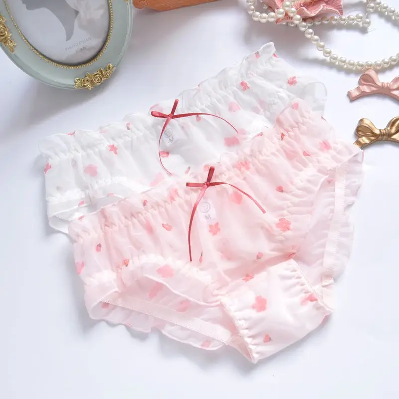 Kobiety Sexy koronki kwiat Hollow przezroczyste cienkie miękkie oddychające majtki styl japoński śliczne piękne niskiej talii bielizna Breifs
