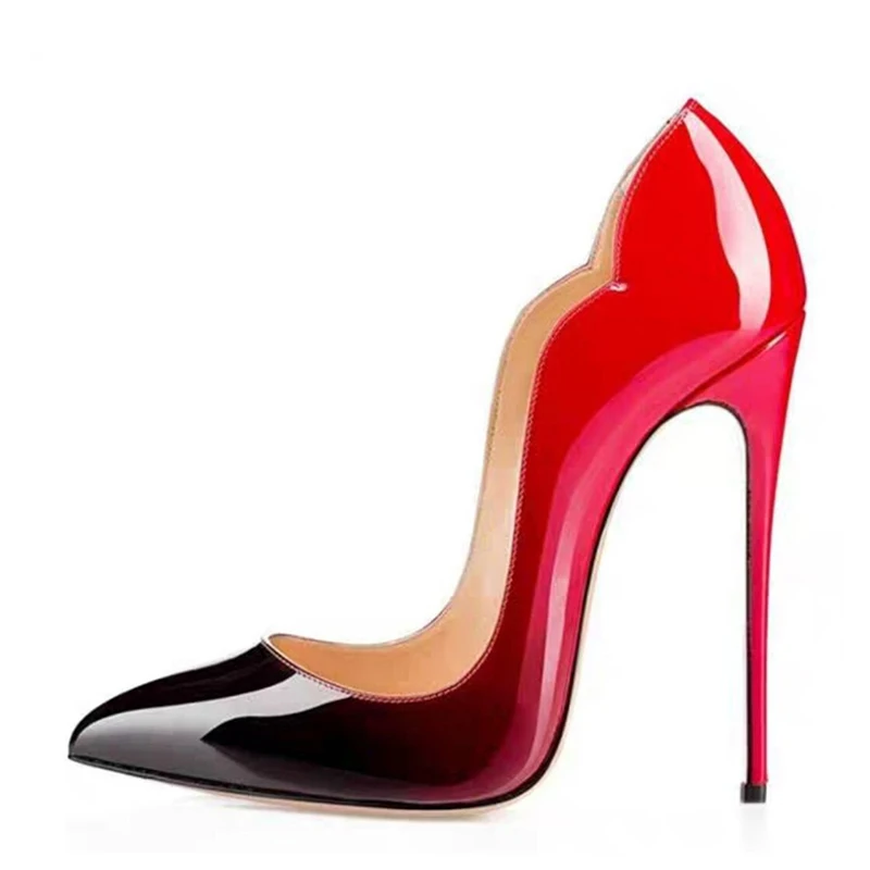 Veowalk Gradient Color Women Sexy Curl Cut Glossy Patent Pointy Toe Stiletto Pumps 12cm High Heel Ladies Fashion Dress Shoes