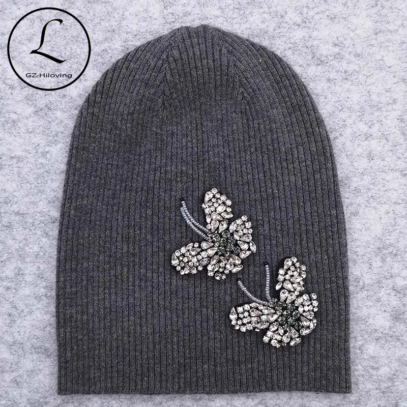 

GZHilovingL Woman Butterfly Diamonds Beads Beanies Hats Soft Thin Wool Cotton Knitting Skullies Beanies Hats For Ladies Girls