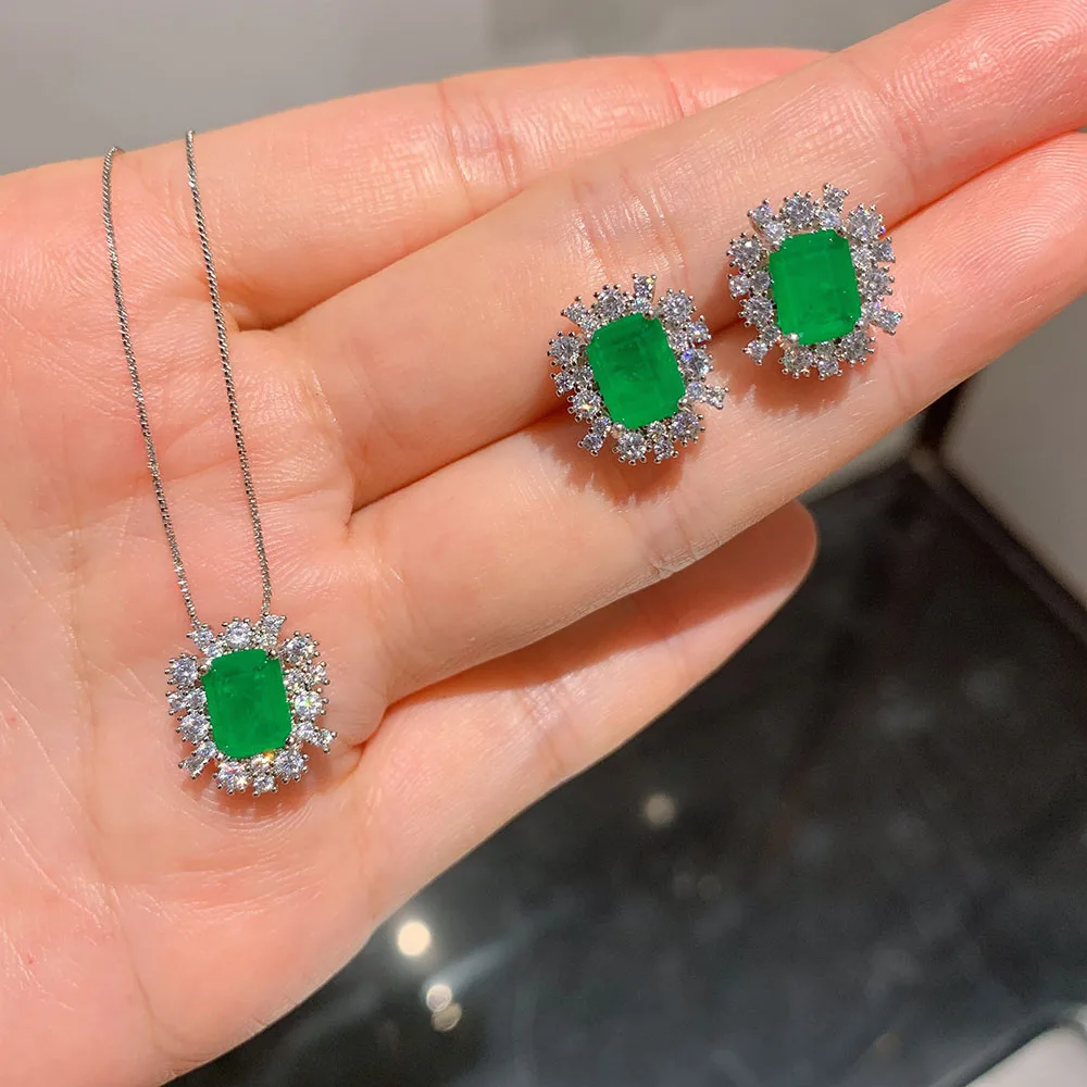 KNRIQUEN Vintage Emerald Gemstone Earrings Necklace Set Lab Diamond Wedding Engagement Fine Jewelry Set for Women Accessories