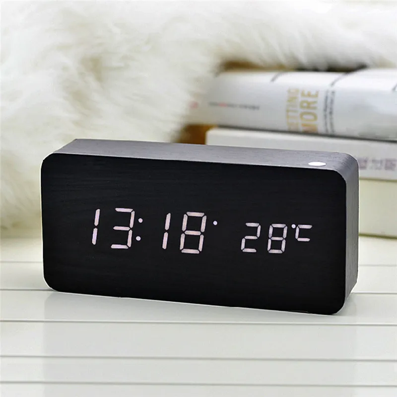 LED Wooden Alarm Clock Watch Table Voice Control Digital Wood Clock Electronic Desktop Clocks Table Decor USB/AAA Powered