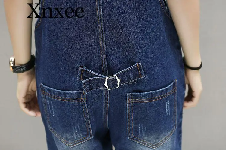 Lỗ Dễ Thương Phong Cách 5XL Big Size Quần Jumpsuit ỐNg RộNg Dây Quần Short Denim Cổ Túi Jean Áo Liền Quần Rách Denim áo Liền Quần