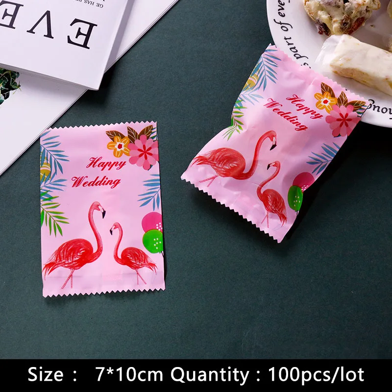 100pcs/lot Cookies Plastic Packaging Gift Bag Pink Romantic Matte Elegant Flamingos Happy Wedding Party Handmade Biscuit Pack