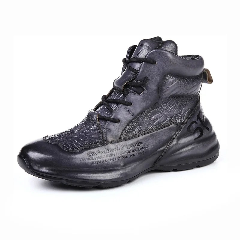 Genuine Leather Winter Boots For Men Crocodile Leather Casual Fleece Warm Shoes Motorcycle Punk Botas Male Fashion Loafer Hombre image 6