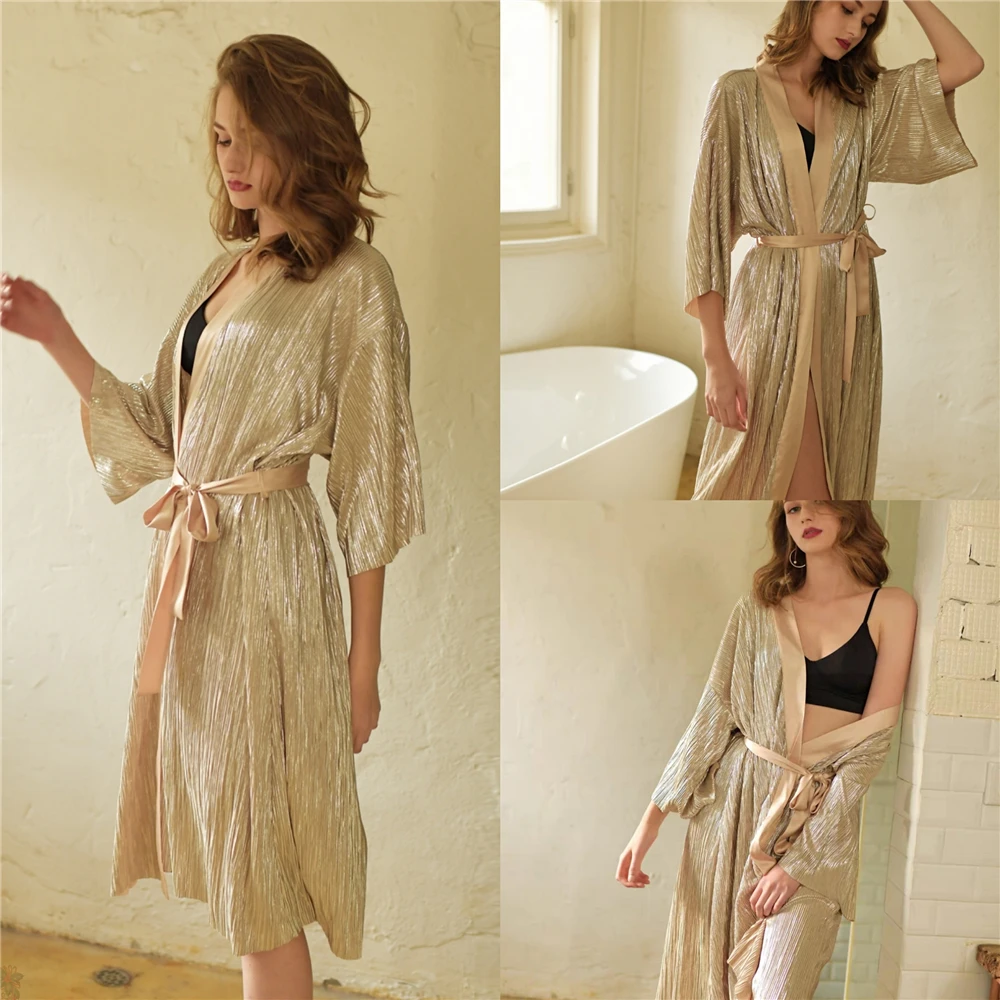 Morning Gowns Pajamas Female Custom Made Pleated Soft Silk Stretch Fabric Nightgown Sexy V Neck Wedding Cape Cloak Comfortable