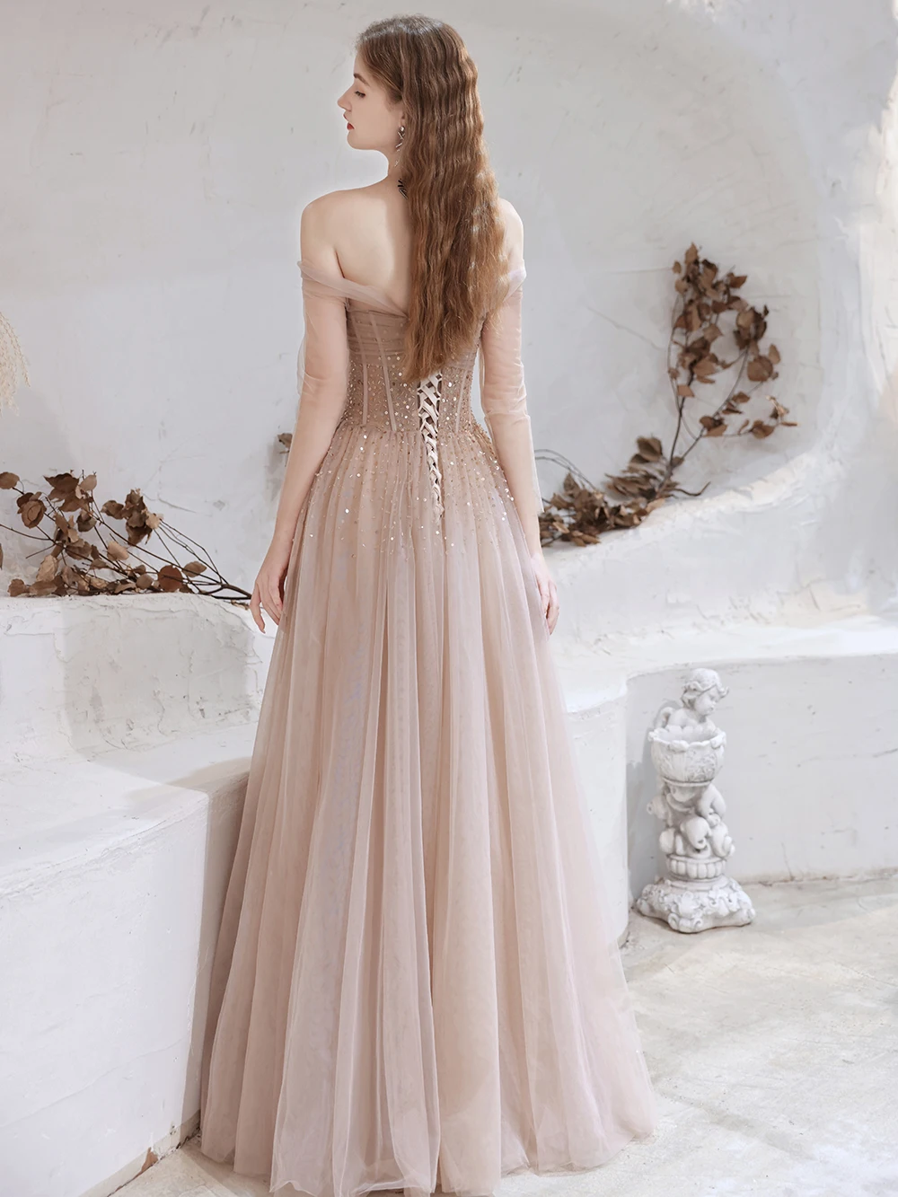 Robe de Soirée Trapèze à Col Bateau et Manches sulf, Tenue de Bal de Luxe, Paillettes et Perles, Couleur Rose Nude, 2020