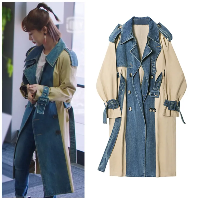 Denim Patchwork Trench Coat Women 2020 New Fashion Double Breasted high quality Long Trench Coat Female Loose Casual Outerwear