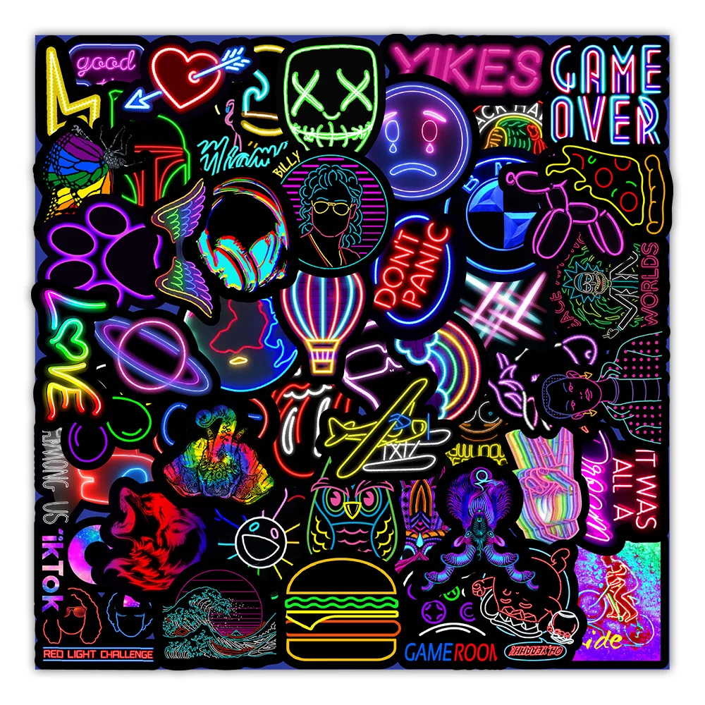 10/30/50PCS Cartoon Neon Light Graffiti Stickers Car Guitar Motorcycle Luggage Suitcase DIY Classic Toy Decal Sticker For Kid F3