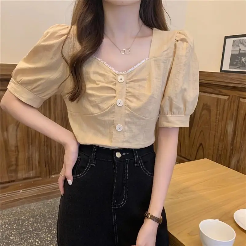 Blouses Women Summer Solid Simple Tops Students Sweet French Style Fashion New Button All-match Leisure Holiday Soft Puff-sleeve