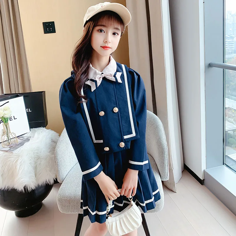 New Fashion School Uniform Sets for Girls Spring Fall Navy Blue Kids Gentleman Shirt + Skirts Formal Clothes Sets for 4-14Years