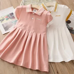 2024 Summer European American Style 3 4 6 8 10 12 Years Children Turn-down Collar Cotton Short Sleeve Kids Baby Girls Dress