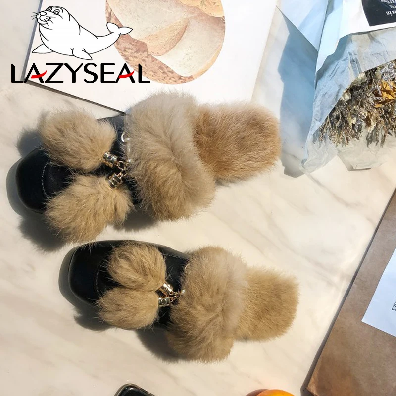 LazySeal Fur Women Slippers Metal Decoration Fringe Appliques Slides Winter 100% Real Rabbit Hair Shoes Woman Indoor Big Size 44