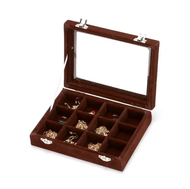 L20*W15*H4.8cm Jewelry Display 12 Compartments Gift Packaging Box Jewellery Organizer with Glass Lid Wrapped High Level Velvet