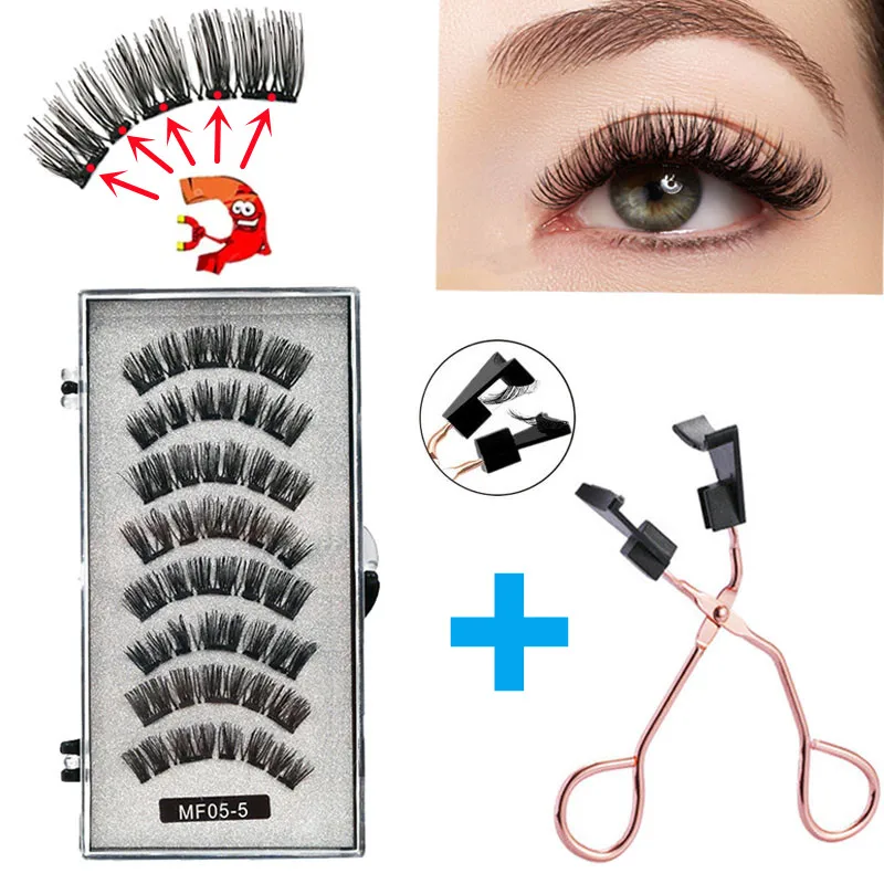 8 pcs/2 pairs magnetic eyelashes with 5 magnets, reusable handmade 3D mink false eyelashes natural with magnetic tweezers