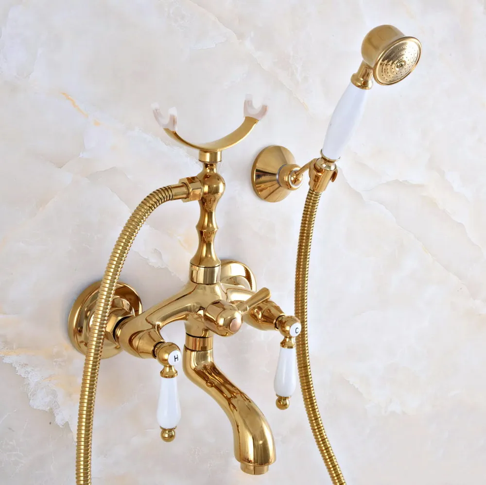 

Luxury Golden Brass Double Handle Wall Mounted Bathroom Bath Tub Faucet Set with 1.5M Hand Held Shower Spray Mixer Tap 2na965