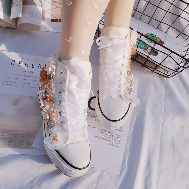 2022 original handmade rhinestone sequins increased flower canvas shoes platform sports women\'s casual shoes white sneakers