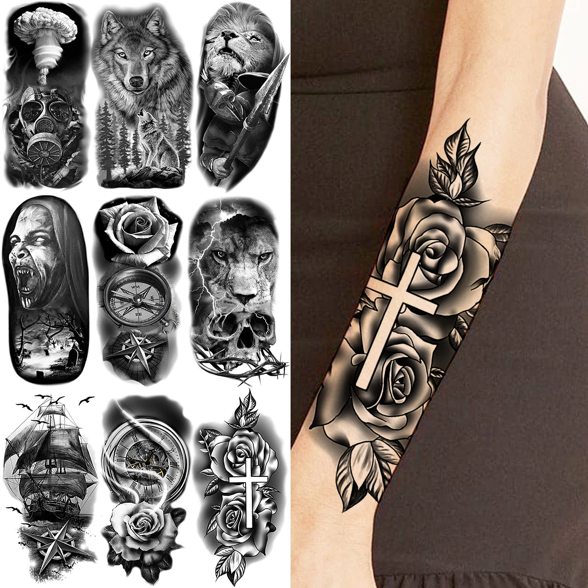 

Black Rose Flower Cross Temporary Tattoos For Women Adults Wolf Lion Vampire Compass Pirate Ship Fake Tattoo Sticker Arm Tatoos