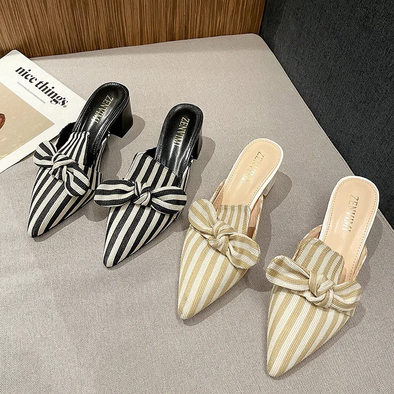 Woman Fashion Bowknot Striped Muller Shoes Pointed Toe Summer Square High Heels Women\'s Slippers Female Leisure Flip Flops 34-42
