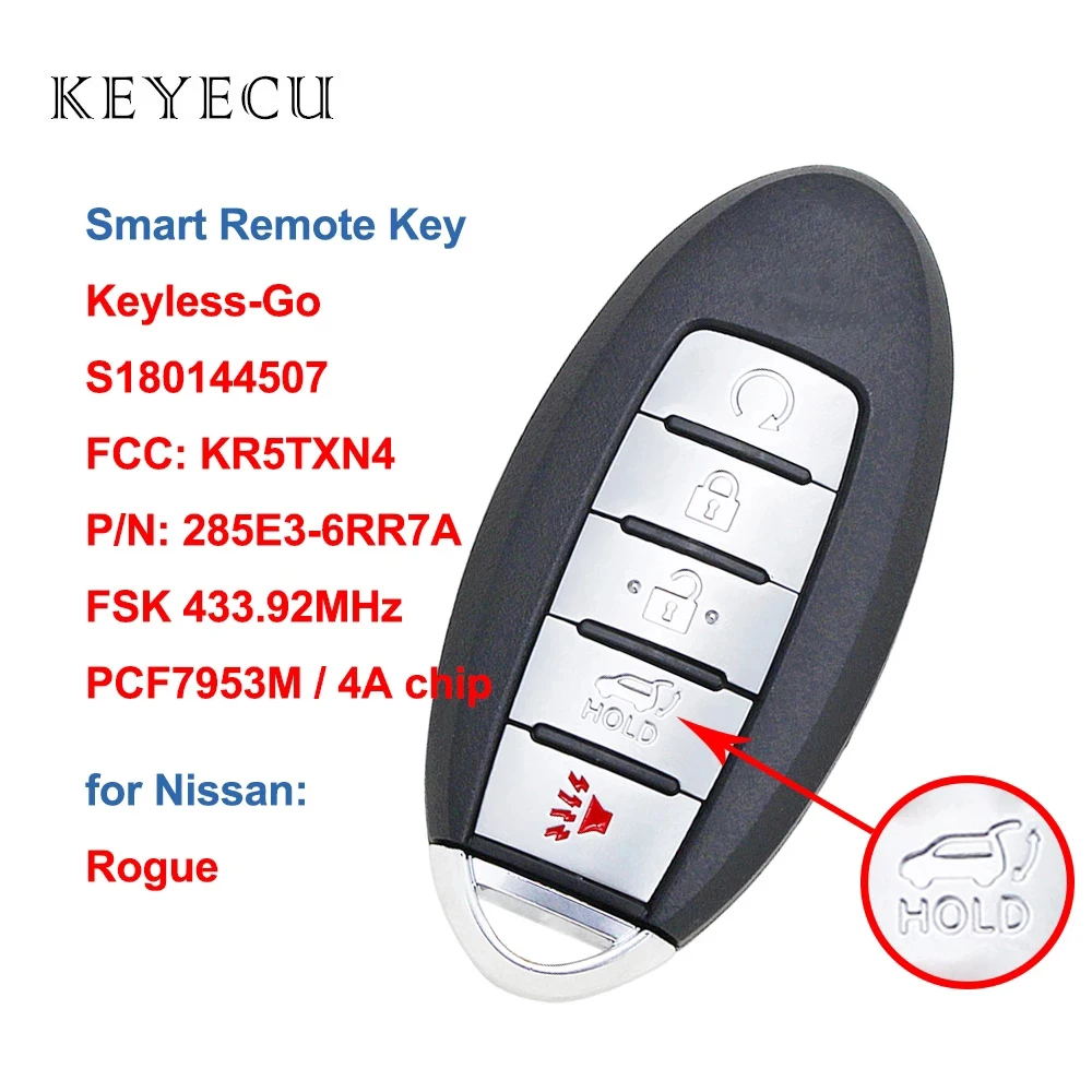 

Keyecu S180144507 Keyless-Go FSK 433.92MHz Smart Remote Key PCF7953M HITAG AES 4A CHIP For Nissan Rogue (SUV) FCC ID: KR5TXN4