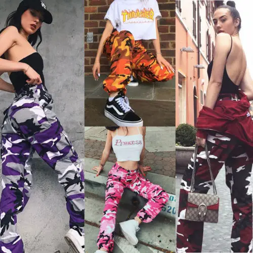 Women Fashion 6 Color Camo Cargo Pants High Waist Hip Hop Trousers Military Army Combat Camouflage Long Pants Ladies Hot