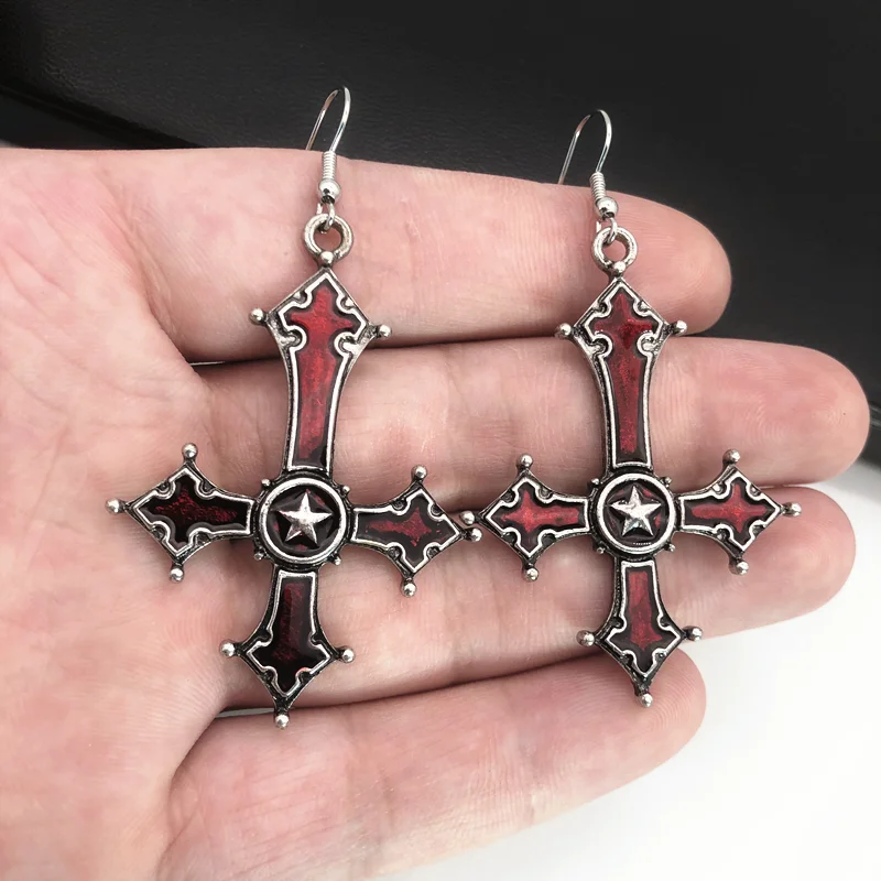 Red Bloody Inverted Cross Pendant Earings Vintage Gothic Cross Pendant Earings Devil Lucifer Satan Satanic Jewelry