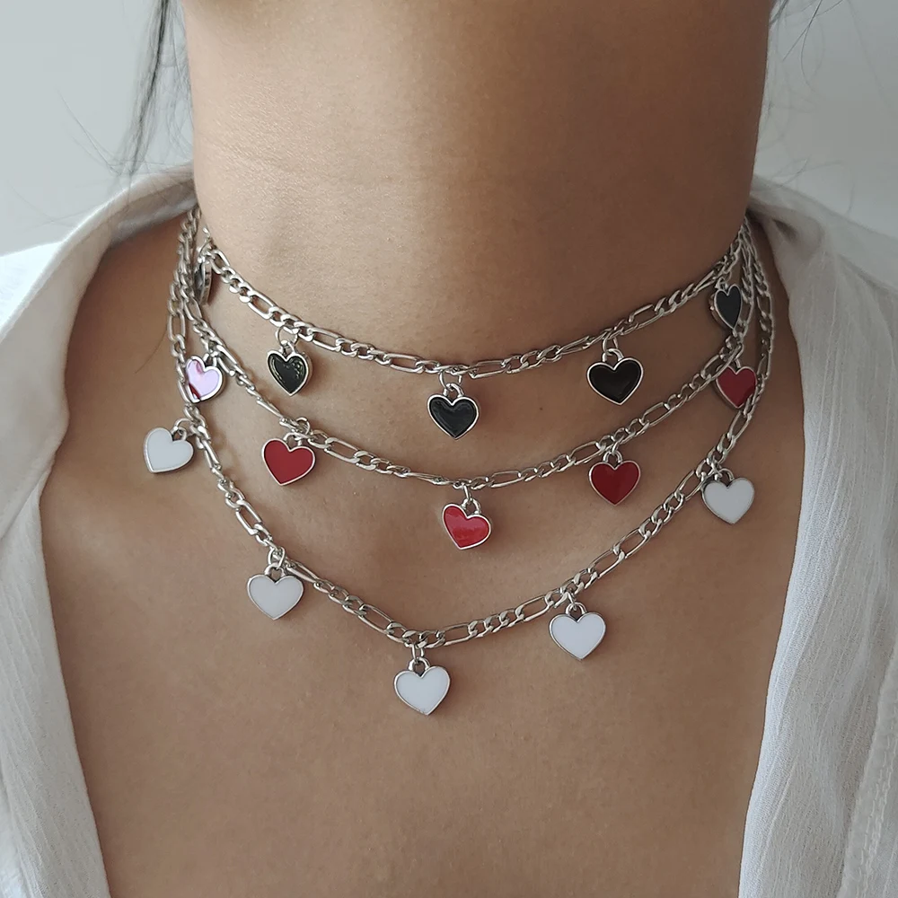 ZX Hip Hop Silver Color Metal Chain Chokers Short Necklace Fashion Women Girls Cute Heart Pendants Necklace Wholesale Party Gift