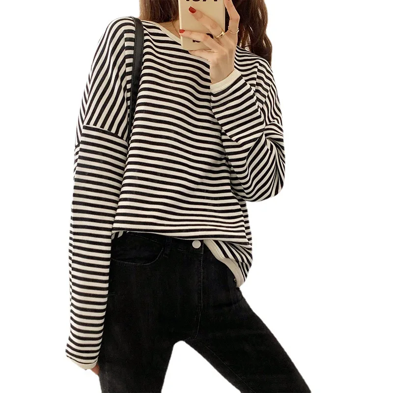 Womens Sweatshirt 2022 Spring Autumn Thin Stripe Pullovers Oversize Loose Drop Sleeves O-neck Casual Knitted Sweatshirts Tops