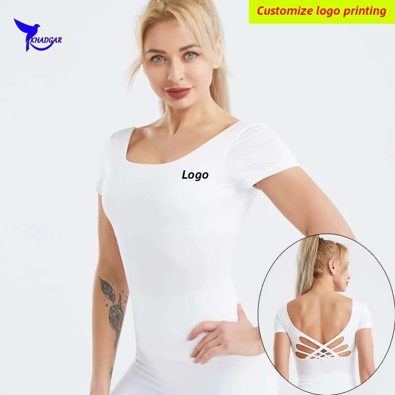 

2021 Backless Built-in Padded Running Shirts Women Quick Dry Elastic Workout Yoga Tops Gym Fitness Sportswear T-Shirt Custom