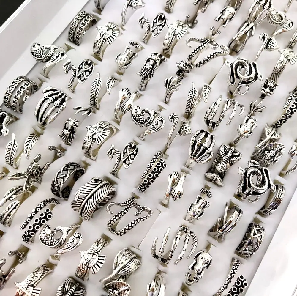 Anillos de aleación chapados en plata para mujeres y hombres, anillo de motorista, apertura ajustable, diseño de Animal lindo y vívido, Vintage, Punk, 50 piezas por lote, nuevos estilos