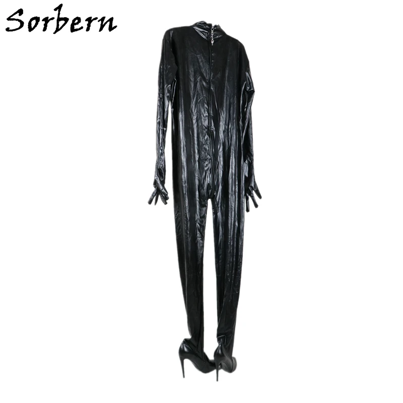 Sorbern Custom Cat Suit buty krocza z rękawiczkami wysokie obcasy podwójne zamykane na zamek duże Streched Bodywear Bdsm buty Pointy Toe