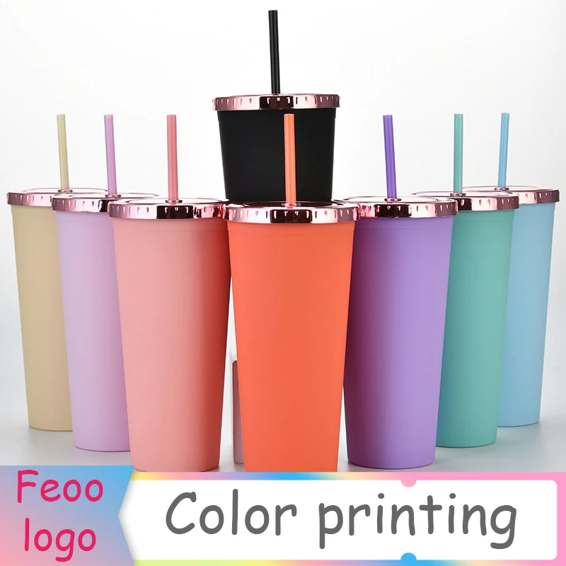 

700ml minimalist plastic water cup with rose gold lid, frosted multi-color double-layer straw cup, customizable logo