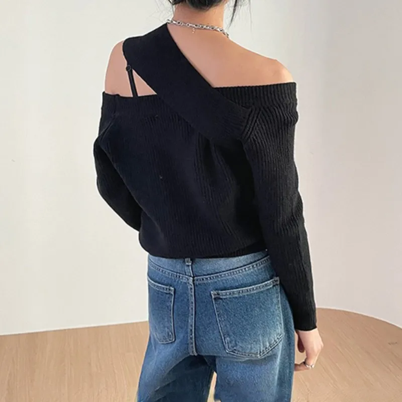 Karrram Winter Spring Women Sweater Knitted Cutout Sexy Off Shoulder Cross Korean Style Jumper Warm Lady Tops Irregular Pullover